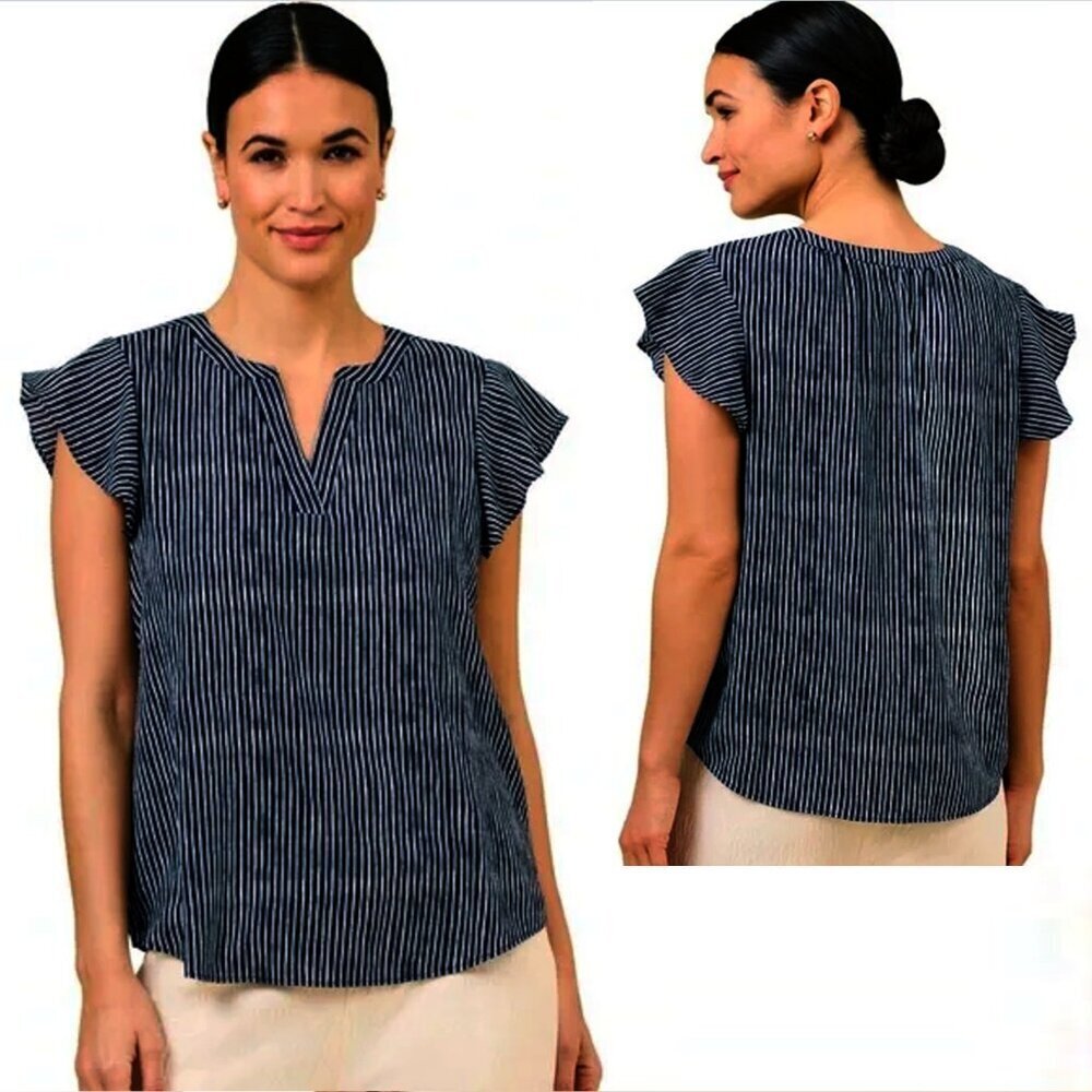 NWT New $89 Adrianna Papell Flutter Sleeve V-Neck Striped Blouse Size M